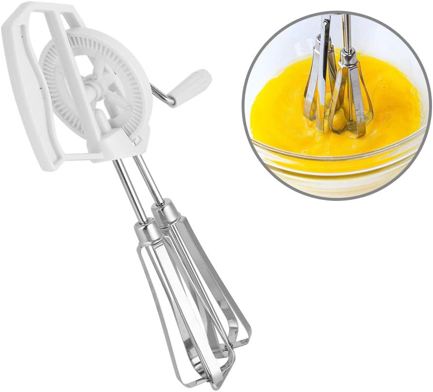 Egg Whisk, Manual Stainless Steel Hand Mixer with Double Wheel Design and Rotation Handle, White