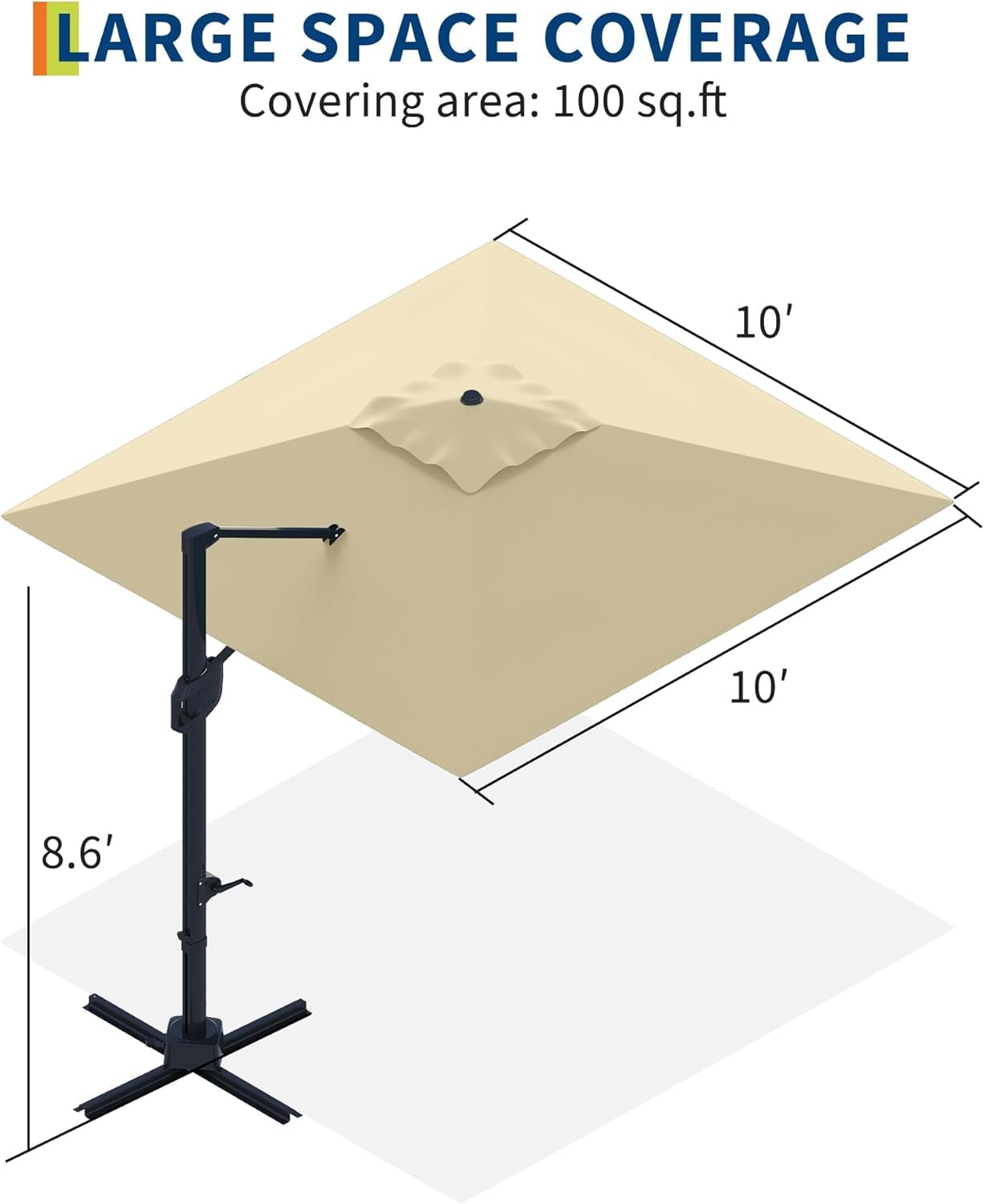 Hetoy 10' x 10' Square Cantilever Patio Umbrella, Extra Large Offset Hanging Umbrella with UV Protection, Adjustable Tilt, Weather-Resistant Fabric, Easy Assembly, Sturdy Base Included