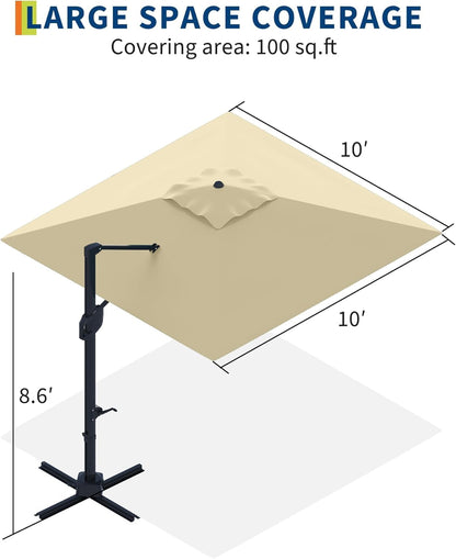 Hetoy 10' x 10' Square Cantilever Patio Umbrella, Extra Large Offset Hanging Umbrella with UV Protection, Adjustable Tilt, Weather-Resistant Fabric, Easy Assembly, Sturdy Base Included