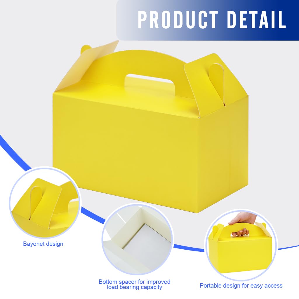 24Pack Large Party Favor Boxes,Yellow Treat Boxes,XiePiPiPaper(9.45*5*5"),Large Goodie Boxes, Gable Gift Boxes with Handles,Candy Boxes for Kids Birthday Baby Shower Wedding Halloween Christmas.