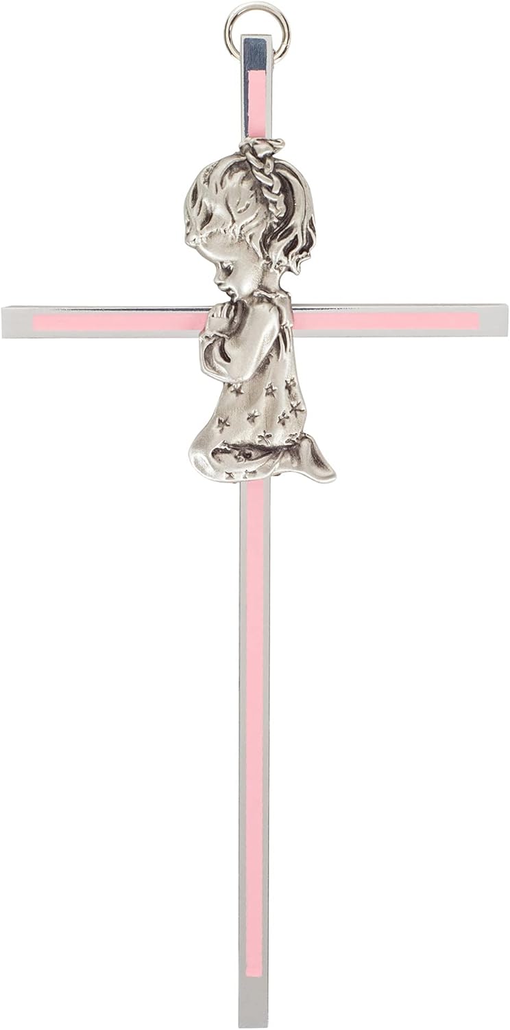 Praying Little Girl Pink Metal Hanging Wall Cross, 6 Inch