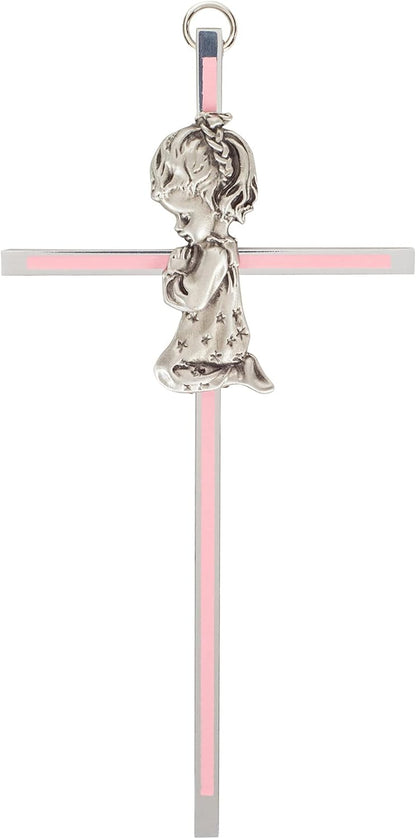 Praying Little Girl Pink Metal Hanging Wall Cross, 6 Inch