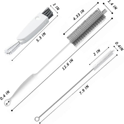 Bottle Cleaning Brush Set, 3pcs Long Handle Silicone Cleaner Brushes + Thermos Lid Cup Brush + Drinking Straw Brush