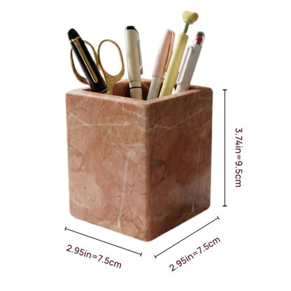 KEBTN Natural Marble Pen Holder, 2.95” x 3.74” Square Makeup Brush Organizer, Toothbrush Holder, Multi-Purpose Marble Caddy for Desk, Bathroom Vanity, Small Flower Vase & Office Supplies (Rosa Verona)
