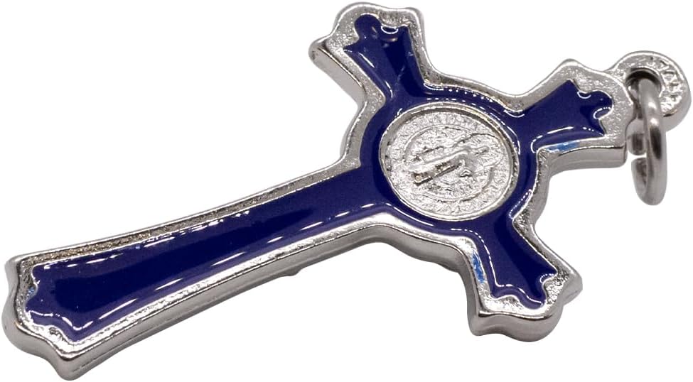 Hand Made St Benedict Cross Medal Crucifix, 3" Tall, Silver Plated with Blue Enamel