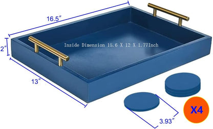 16.5X 13Deluxe 4 Serving Tray Wooden Ottoman Tray for Coffee Table with Polished Goldr Metal Handles and Coasters