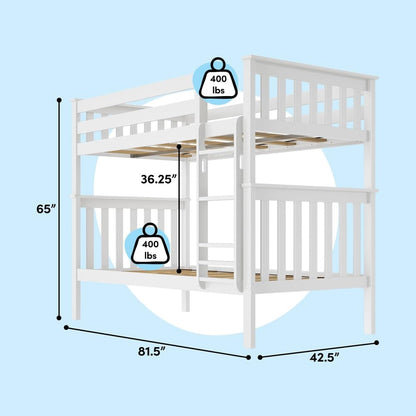 Max & Lily Bunk Bed Twin over Twin, Solid Wood Bunk Bed Frame with Ladder for Kids, 14" Safety Guardrails, Easy Assembly, No Box Spring Needed, White