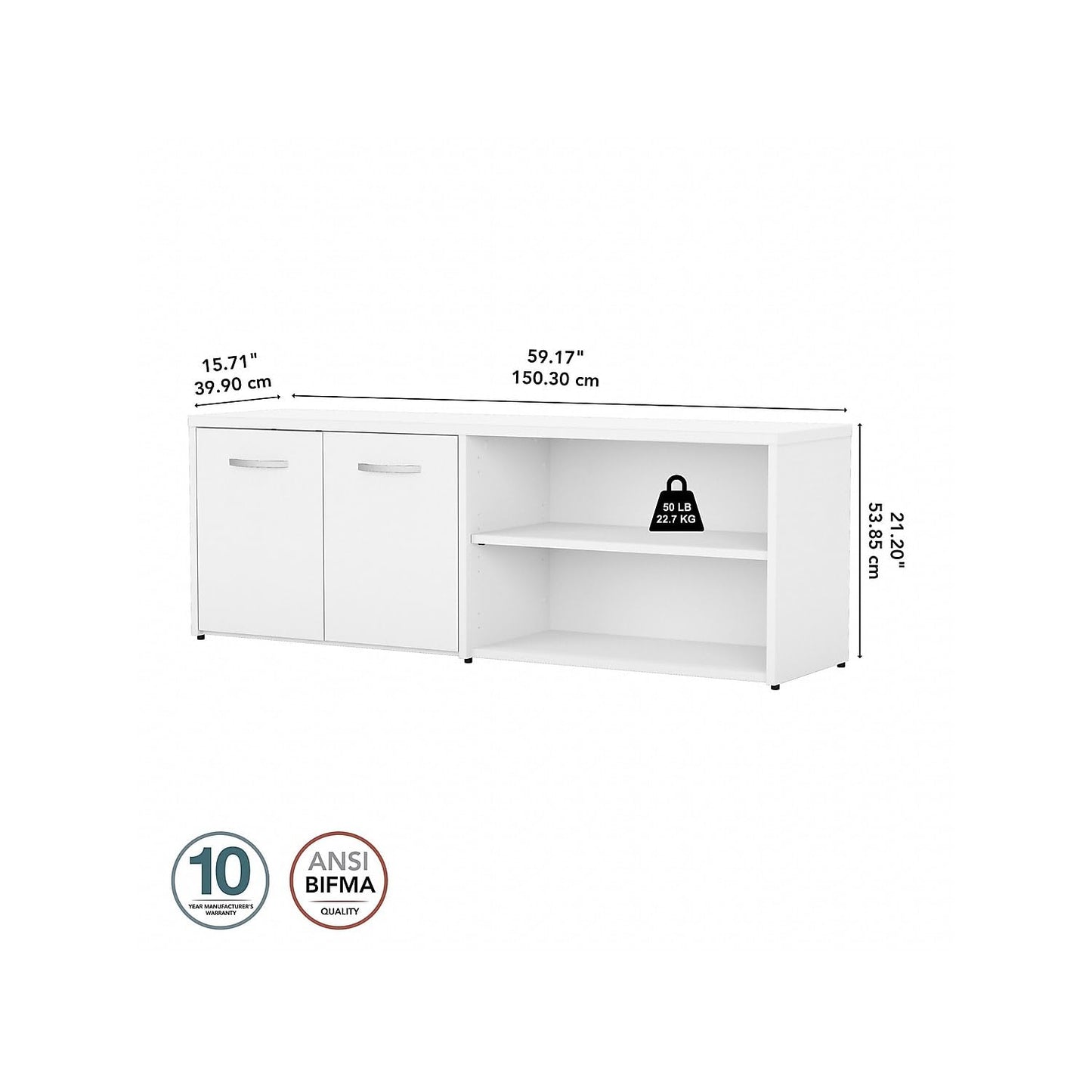 Bush Business Furniture Studio C Low Storage Cabinet with Doors and Shelves in White, Office Organizer for Workspace, Compact Unit