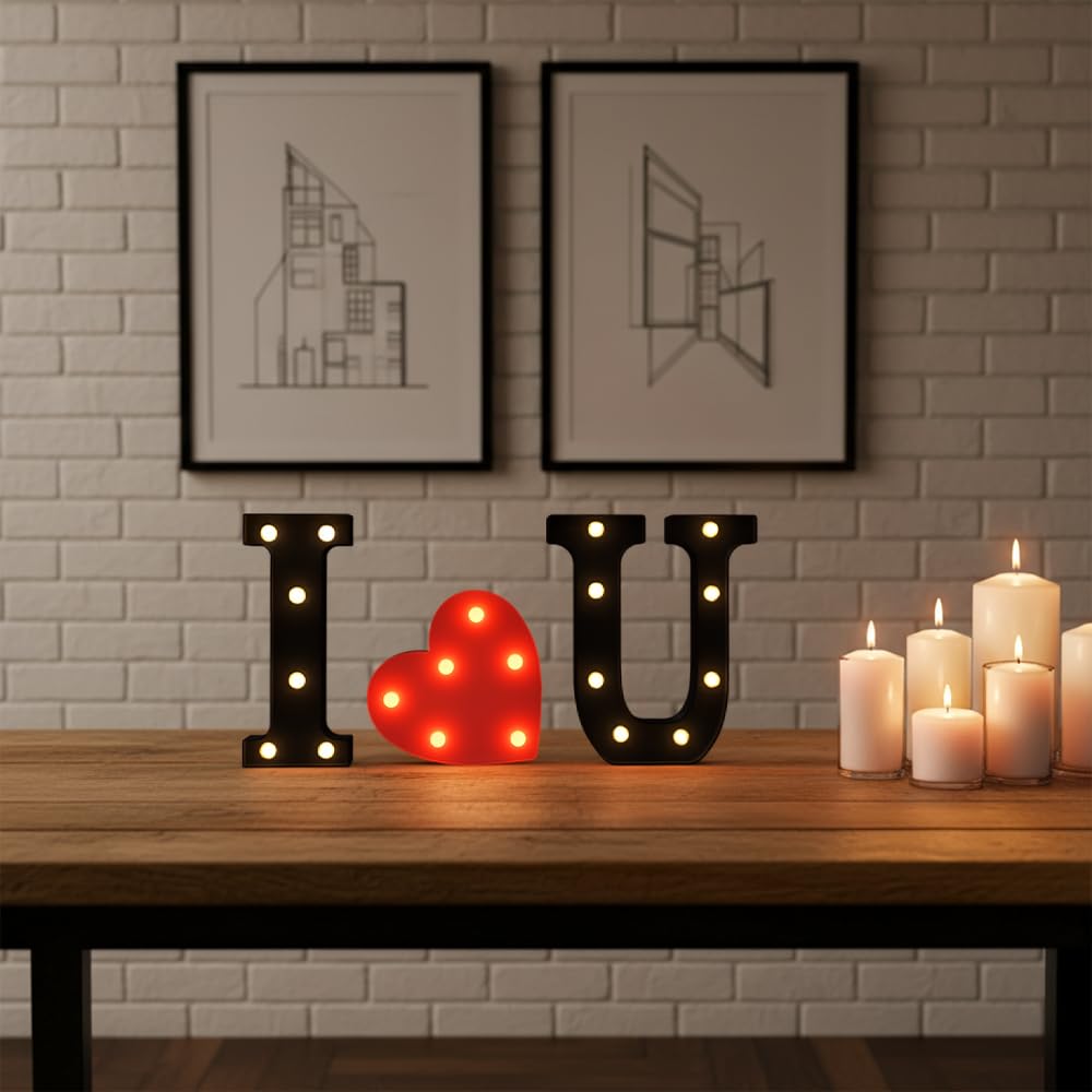Black I LOVE U LED Marquee Sign Light Up Letters, LED Light Up Letters, Warm White Letter Lights for Wedding Proposal Decoration, I LOVE U Marquee Romantic Decorative Letter Signs, Battery Operated