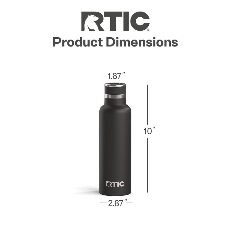 RTIC 20oz Journey Water Bottle Ceramic Lined Metal Stainless Steel Vacuum Insulated, BPA Free, Reusable, for Water, Hot and Cold Drinks, Travel, Sports, Camping, Black
