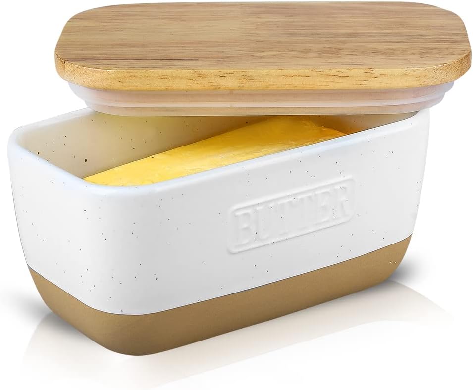 Countertop, HVH Ceramic Butter Dish with Lid for Airtight Butter Keeper with Wooden Lid, Butter Dishes with Covers