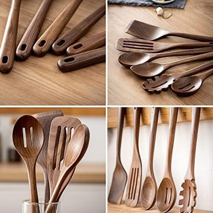 Gudamaye 12-Inch Black Walnut Wooden Cooking Spoons - 6-Piece Long Handle Utensil Set