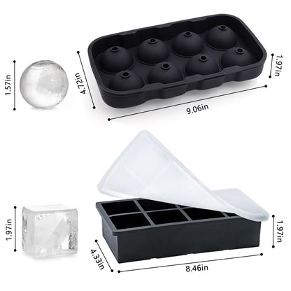 Apexcook 2-Inch Silicone Ice Cube Tray with Lid - Large Sphere Ice Mold & Square Ice Cube Maker for Whiskey, Cocktails, Bourbon - Easy Release, BPA Free, Set of 2