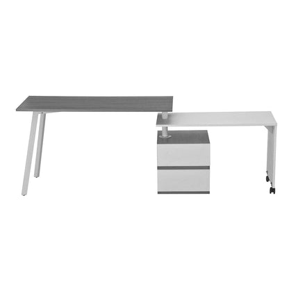 Adjustable L-Shaped Computer Desk with Rolling Tabletop for Multiple Configurations, Two-Drawer Cabinet, and Sturdy Steel Legs – Space-Saving, Ergonomic Design for Home Office or Workspace, Grey
