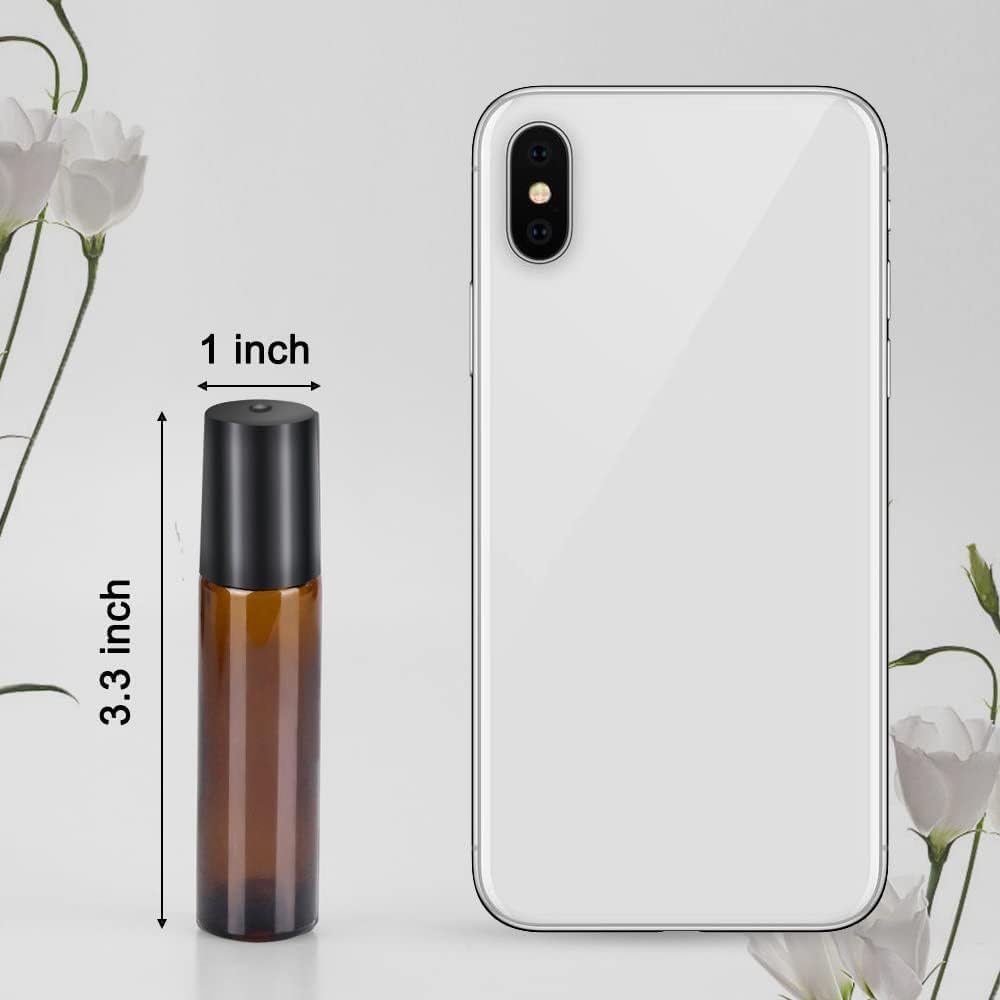 sungwoo 25 Pack Essential Oil Bottles, 10ml Amber Glass Bottles with Stainless Steel Roller Balls and Caps for Travel, Perfume and Lip Gloss
