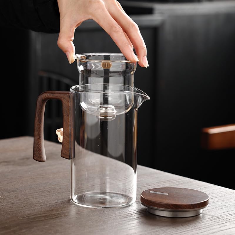 900ML Enchanti Magic Tea Pot, Water Separation Glass Teapot with Wooden Handle, Press Control Enchanti Tea Infuser