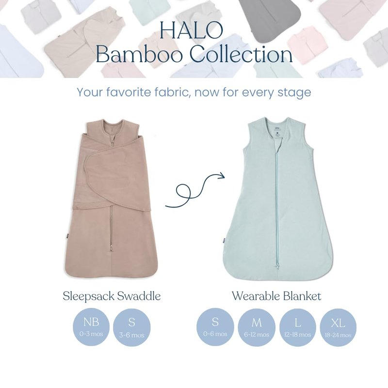 HALO Sleepsack Supersoft Swaddle, Cozy Bamboo Viscose, 3-Way Adjustable Swaddle, 2 Way Zipper, 2 TOG, 0-3 Months, Newborn (Pack of 1), Calm Sage