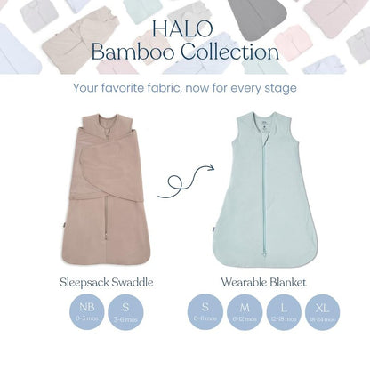 HALO Sleepsack Supersoft Swaddle, Cozy Bamboo Viscose, 3-Way Adjustable Swaddle, 2 Way Zipper, 2 TOG, 0-3 Months, Newborn (Pack of 1), Calm Sage