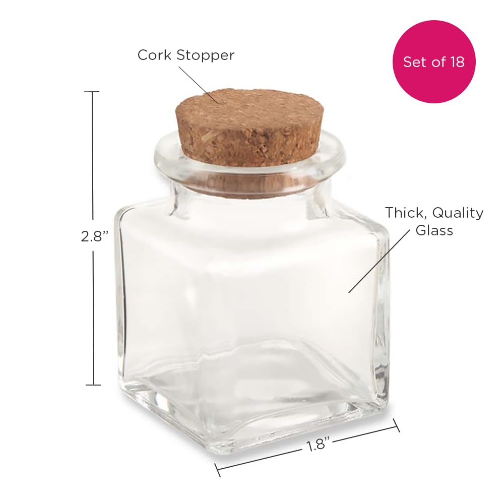 Kate Aspen Set of 18 Square Glass Favor Jar with Cork Stopper, Petite Treats, Spice Jars, Sugar Scrubs, Bath Salt, Office Supplies