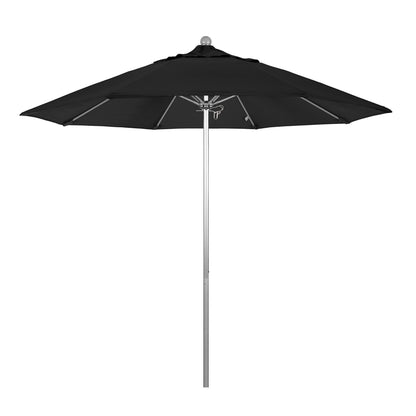 California Umbrella 9' Round Aluminum/Fiberglass Umbrella, Push Open, Silver Pole, Olefin Black Fabric
