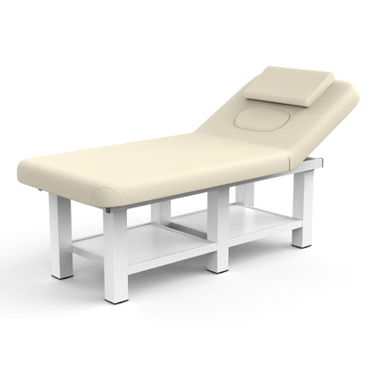 pouseayar Stationary Massage Table, 75”L 31.5''W Heavy Duty Esthetician Bed, 800LBS Metal Frame PU Leather Physical Therapy Table Spa Lash Bed Professional Equipment (Beige Grey)
