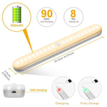 OUSFOT Cabinet Lighting 4 Pieces 20 LEDs Wireless Under Cabinet Light with Motion Sensor USB Rechargeable Battery Wardrobe Lighting Warm White Stick on for Cabinets, Stairs, Kitchen