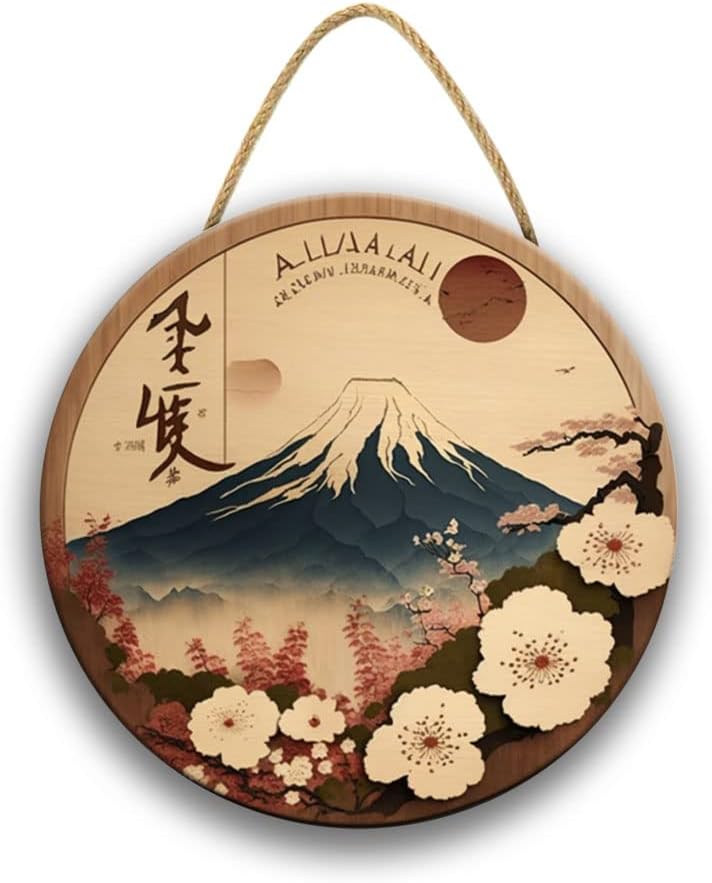 Japanese Style Landscape Painting Wall Art, Red Cherry Blossom Circle Decor, Mountain River Sign for Bedroom Living