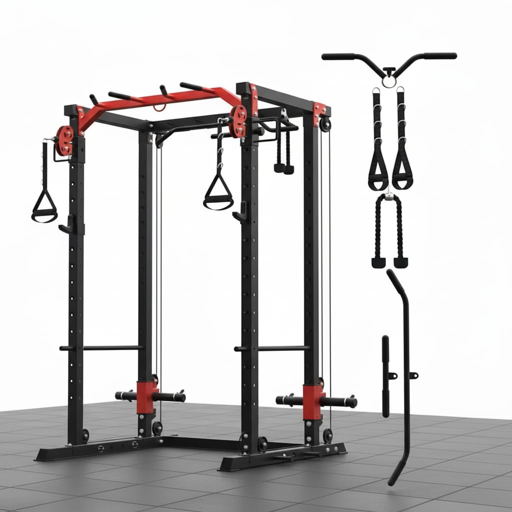 GarveeLife Power Cage, All-in-1 Home Gym with LAT Pulldown & Cable System, 2000LBS Squat Rack for Home & Garage & Apartment Use, Workout Cage with More Attachments (Red)