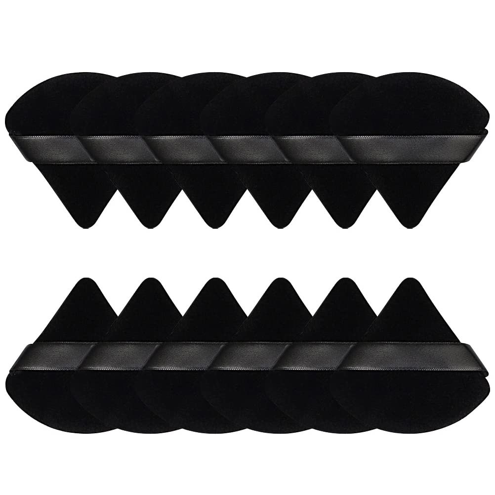 Pimoys 12 Pieces Powder Puff Face Triangle Makeup Sponge for Loose Powder Setting Powder Velour Foundation Blender Sponge Beauty Makeup Tool, Black