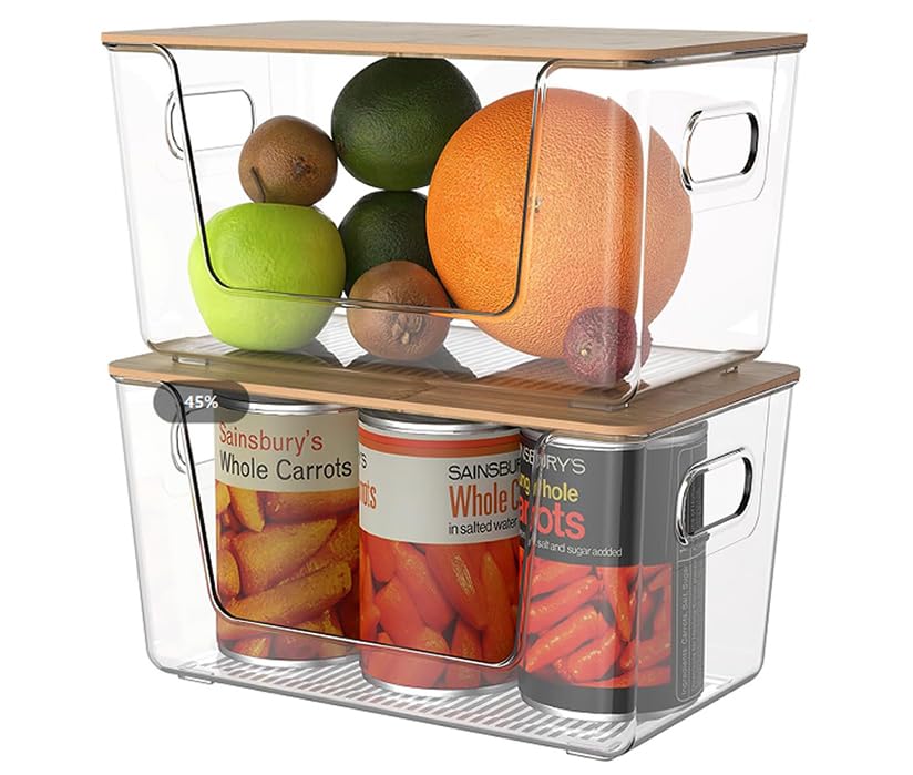 Toowood 2 Pack, Trash Bag Holders with Bamboo Lids Garbage Bag Dispenser with Lid, Open Front Stackable Storage Bins