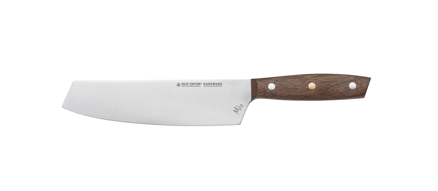 Zepter Felix MIU Chef Knife, 8in long global kitchen knife. Butcher knife for meat cutting, vegetable&bread slicing. Chef's walnut handle, sharp carbon steel, handmade Germany cooking tools est. 1790