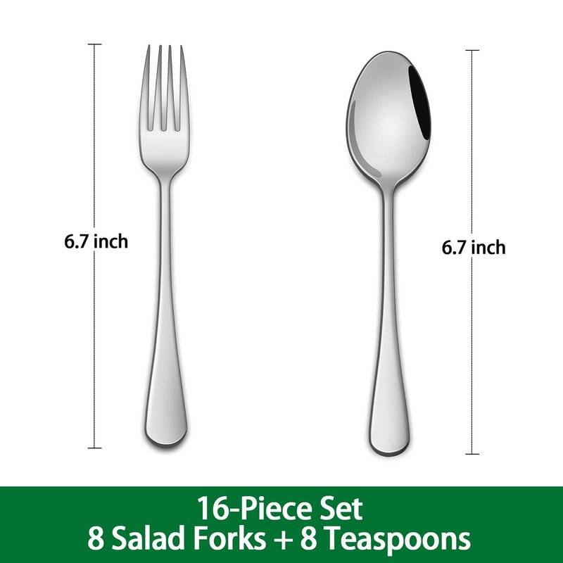 Salad Forks And Teaspoon,6.7 Inches Stainless Steel Dessert Spoons And Forks,Set Of 16 Dishwasher Safe Silverware Fork And Spoon For Home,Restaurant