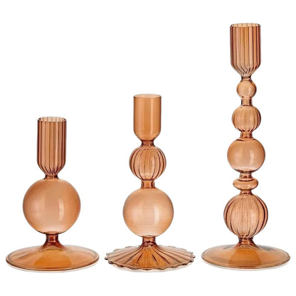 Mineaud 3Pcs Glass Candlestick Holders Glass Taper Candle Holders Groovy Wavy Elegant Candle Stick for Home Party Decoration,Brown
