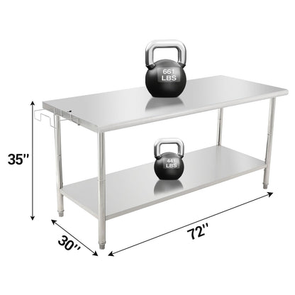 Garvee Heavy Duty NSF Stainless Steel Prep Table – 72x30x35in Commercial Workstation with Adjustable Undershelf, Removable Trash Rack, 08 Curved Edge, No Casters, No Backstop – Perfect for Kitchen