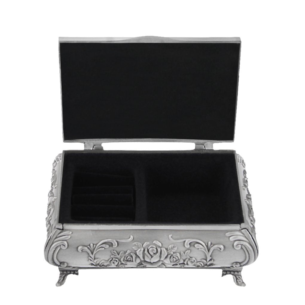 Classic Vintage Antique Tin Rectangle Jewelry Box Treasure Storage Organizer Chest with Rose Pattern