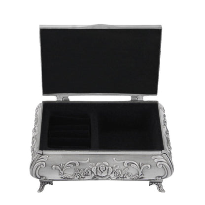 Classic Vintage Antique Tin Rectangle Jewelry Box Treasure Storage Organizer Chest with Rose Pattern