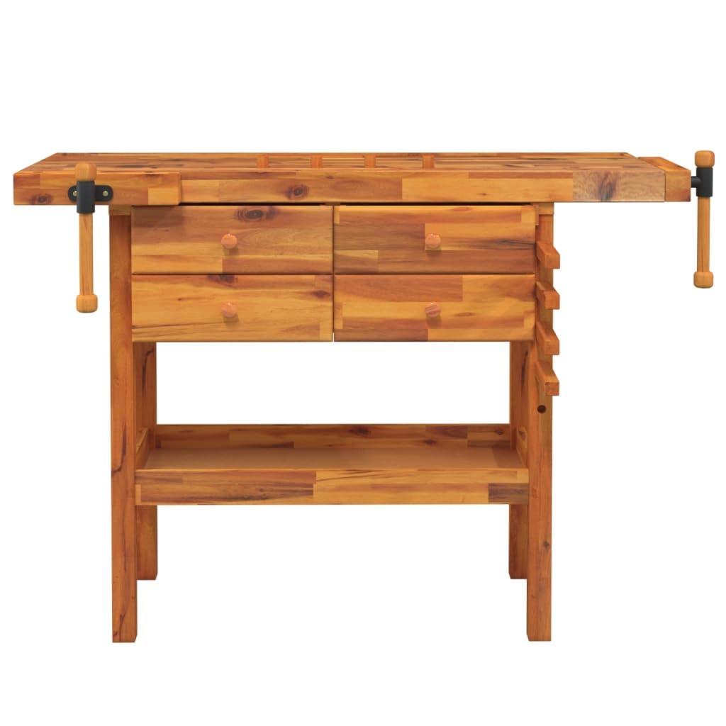 Sturdy Garage Workbench with 4 Drawers and Vices, Solid Acacia Wood Workbench 48.8x20.5x32.7 Inch for Workshop and Shed