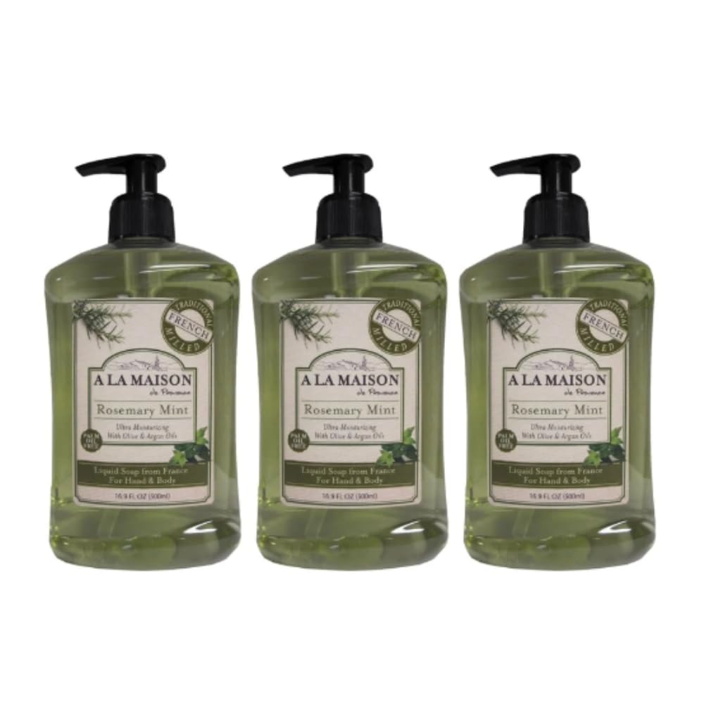 A LA MAISON Rosemary Mint French Liquid Hand Soap - Natural Hand Wash Made with Essential Oils - Biodegradable, Plant-Based, Vegan, Cruelty-Free, Alcohol & Paraben Free (16.9 oz, 3 Pack)