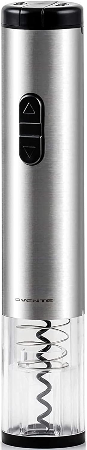 OVENTE Electric Wine Opener with Foil Cutter, Automatic Bottle Corkscrew Remover, Battery Operated, Silver WO1381S