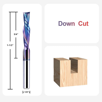 SpeTool 5-Piece Carbide Spiral Downcut CNC Router Bits Set, 1/8 Inch Cutting Dia 1/8 Inch Shank with TAC Coated End Mill Bit for Wood Carving Engraving Tool
