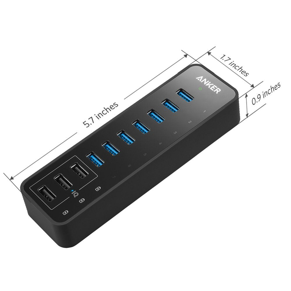 Anker USB Hub, USB 3.0 Hub, 10 Port 60W Data Hub, with 7 USB-3.0 Ports, 3 PowerIQ Charging Ports, Compatible with MacBook, iMac, Dell XPS, Surface Pro, iPhone, iPad Air, Galaxy Series, Mobile HDD