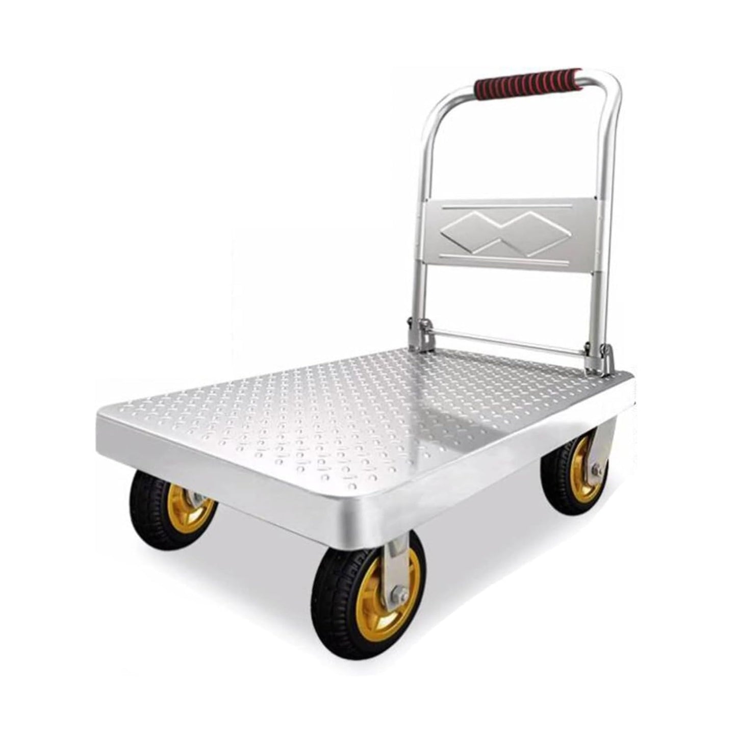 Heavy-Duty Metal Platform Cart - Flatbed Trolley with 360° Swivel Wheels and Folding Handle for Supermarkets, Warehouses, and Garages