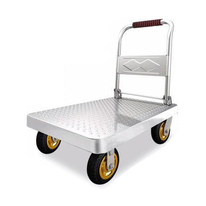 Heavy-Duty Metal Platform Cart - Flatbed Trolley with 360° Swivel Wheels and Folding Handle for Supermarkets, Warehouses, and Garages