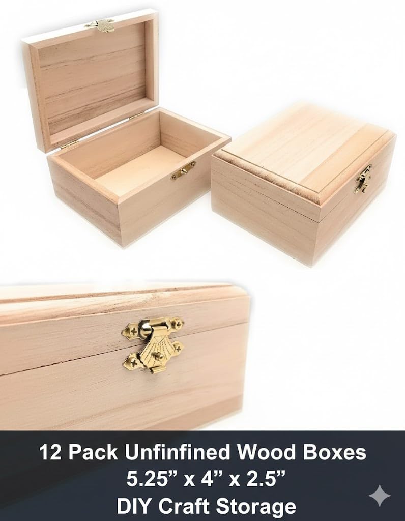 12 Pc Unfinished Rectangle Wood Boxes, Natural DIY Craft Stash Boxes with Hinged Lid and Clasp, Ideal for Arts, Crafts, Hobbies, Jewelry, and Keepsake Storage