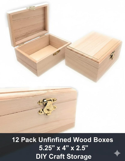 12 Pc Unfinished Rectangle Wood Boxes, Natural DIY Craft Stash Boxes with Hinged Lid and Clasp, Ideal for Arts, Crafts, Hobbies, Jewelry, and Keepsake Storage