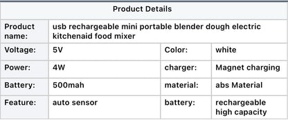 Electric Hand Mixer Egg Beater, USB Rechargeable, White