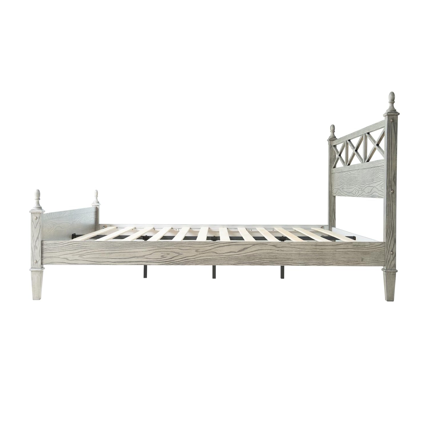 King Size Platform Bed Frame with Solid Wood Headboard & Footboard, 12 Heavy-Duty Slatted, Metal Legs, Anti-Slip & Noise-Free, Easy Assembly, No Box Spring Needed, Weathered Gray Oak Finish RIK-34