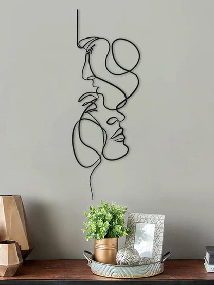 Minimalist Metal Wall Art, Abstract Iron Facial Line Sculpture, Modern Black Decor for Living Room Bedroom Office