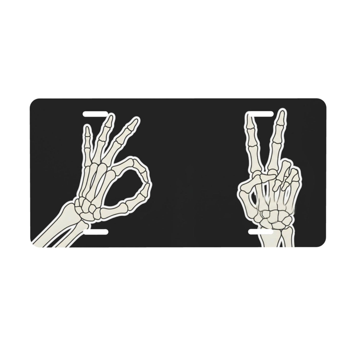 Skeleton Hand Ok and Peace Sign Front License Plate for Women Car Vanity Plates Decorative Aluminum Metal Cute Novelty License Plate Cover for Men 6x12 Inch (4 Holes)