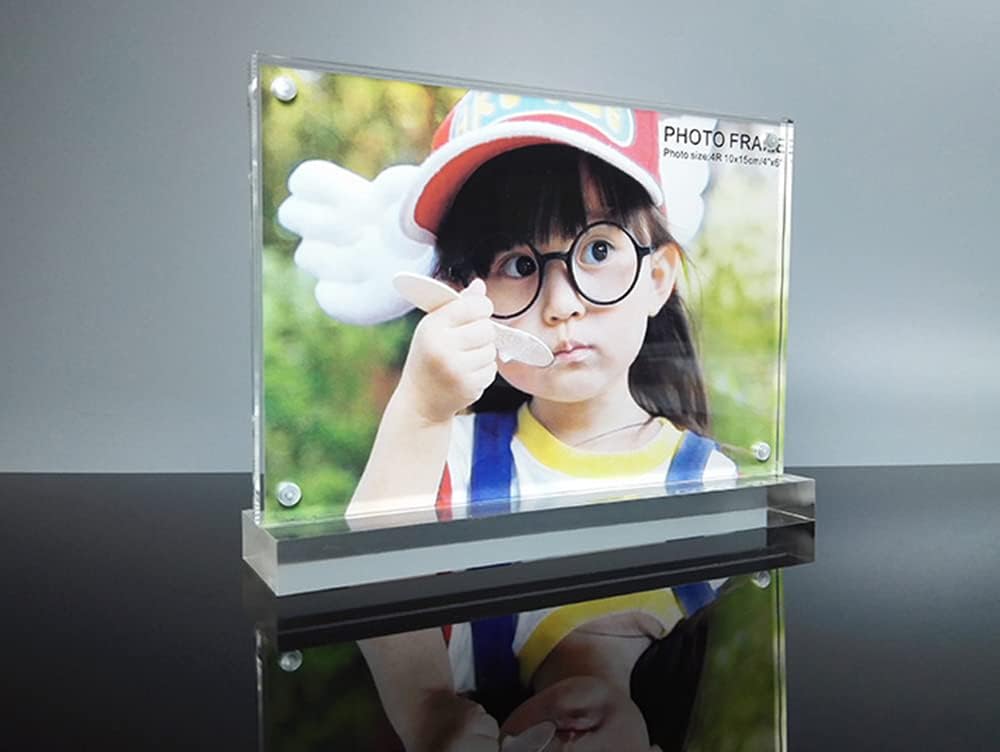 4x6" Acrylic Floating Picture Frame, T Shape Clear Frameless Desktop Floating Display with Base,Horizontal Magnetic Frames Double Sided Table Top Display Stand for Portrait Wedding Menu Ad Holder